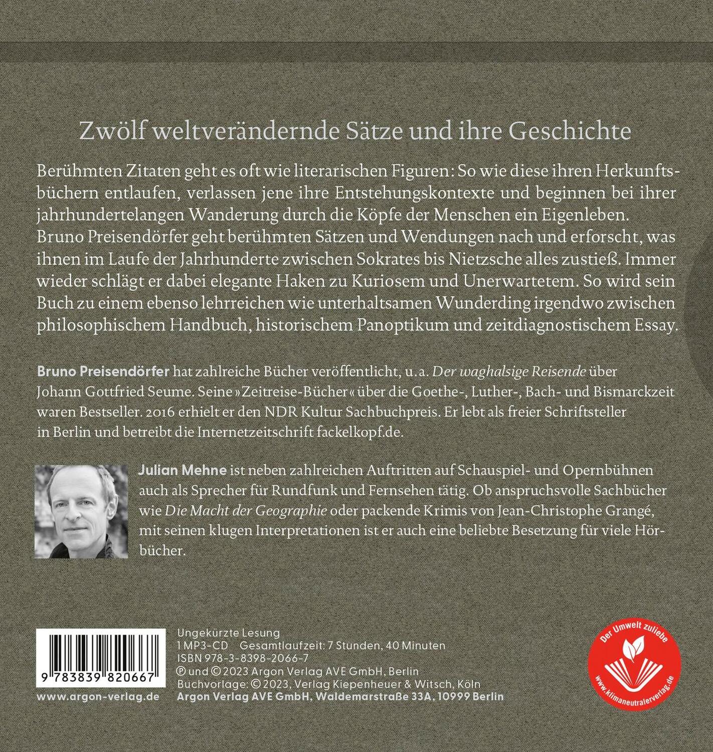 Rückseite: 9783839820667 | Sätze, die die Welt verändern | Bruno Preisendörfer | MP3 | 1 Audio-CD