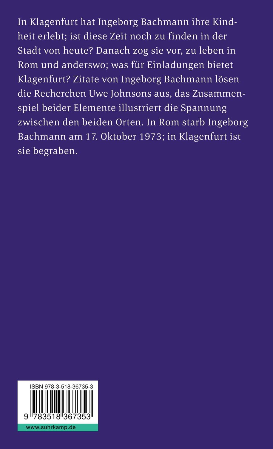 Rückseite: 9783518367353 | Eine Reise nach Klagenfurt | Uwe Johnson | Taschenbuch | 109 S. | 1974