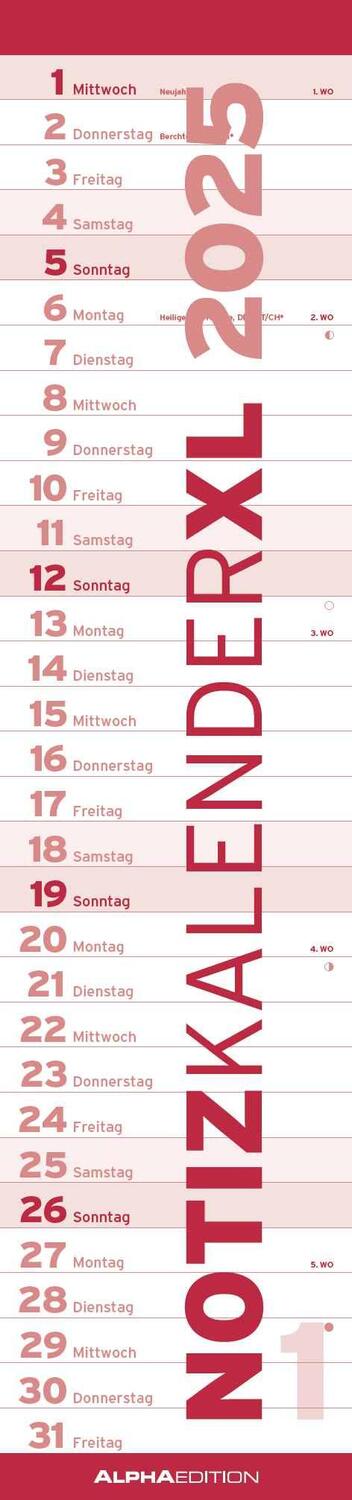 Cover: 4251732341688 | Notizkalender XL Rot 2025 - Streifenkalender 15x64 cm - Wandplaner...