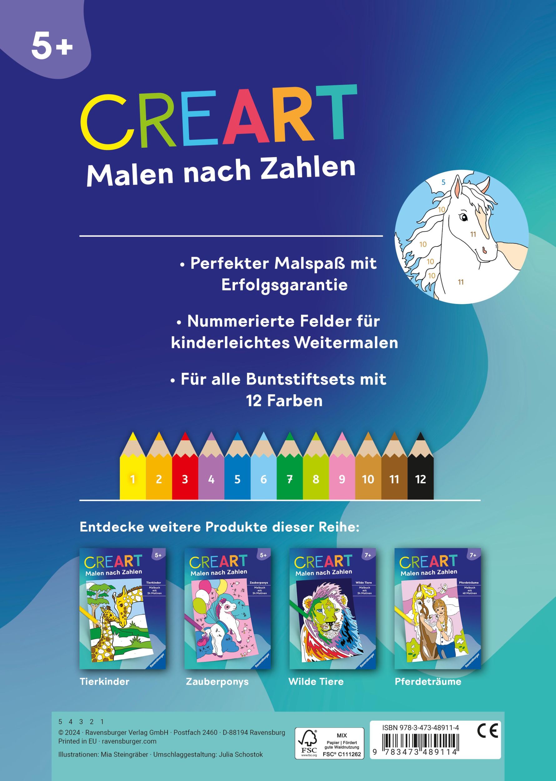 Rückseite: 9783473489114 | Ravensburger CreArt Malen nach Zahlen ab 5: Pferde, Malbuch, 24 Motive