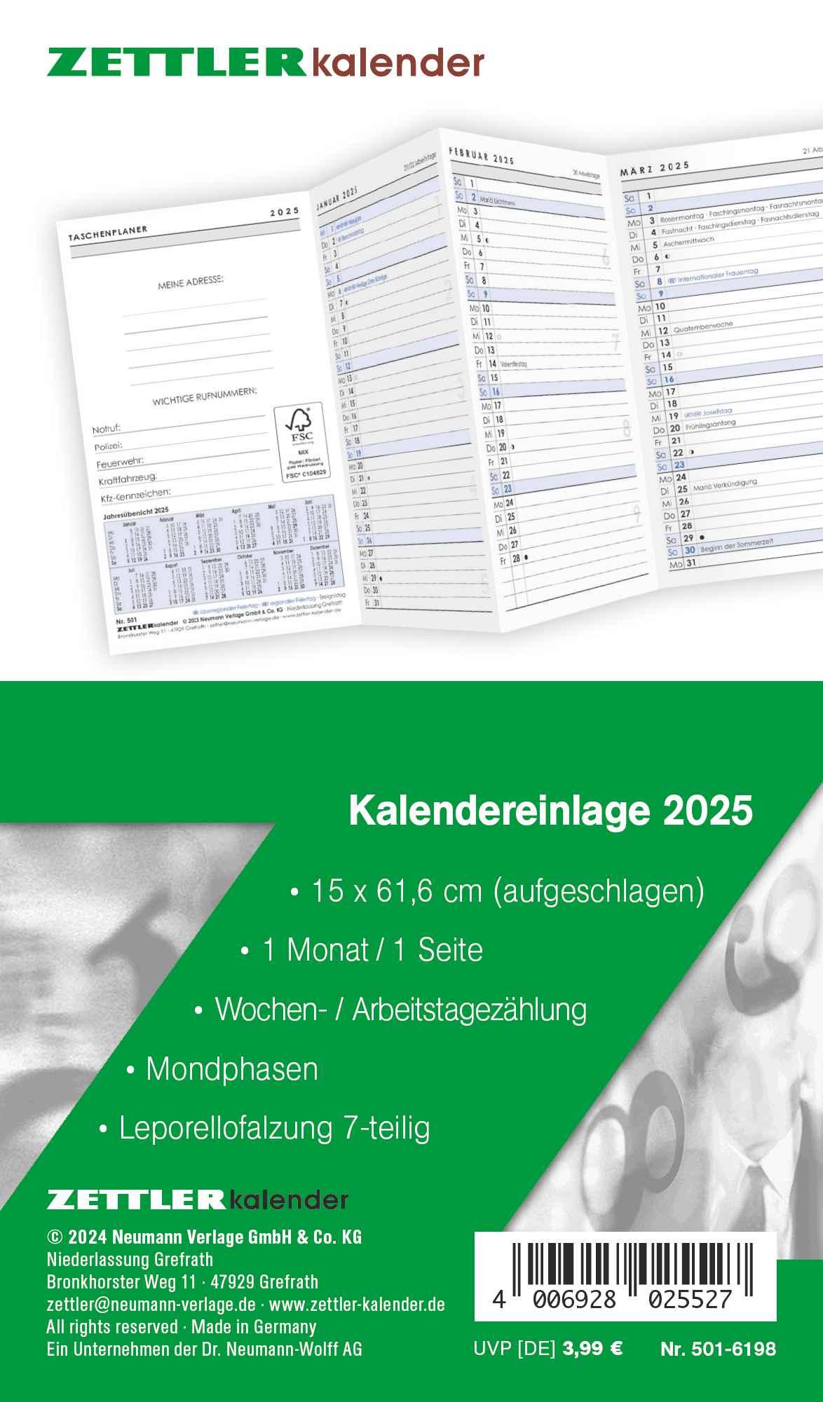 Cover: 4006928025527 | Kalender-Ersatzeinlage 2025 - für den Taschenplaner Leporello Typ...