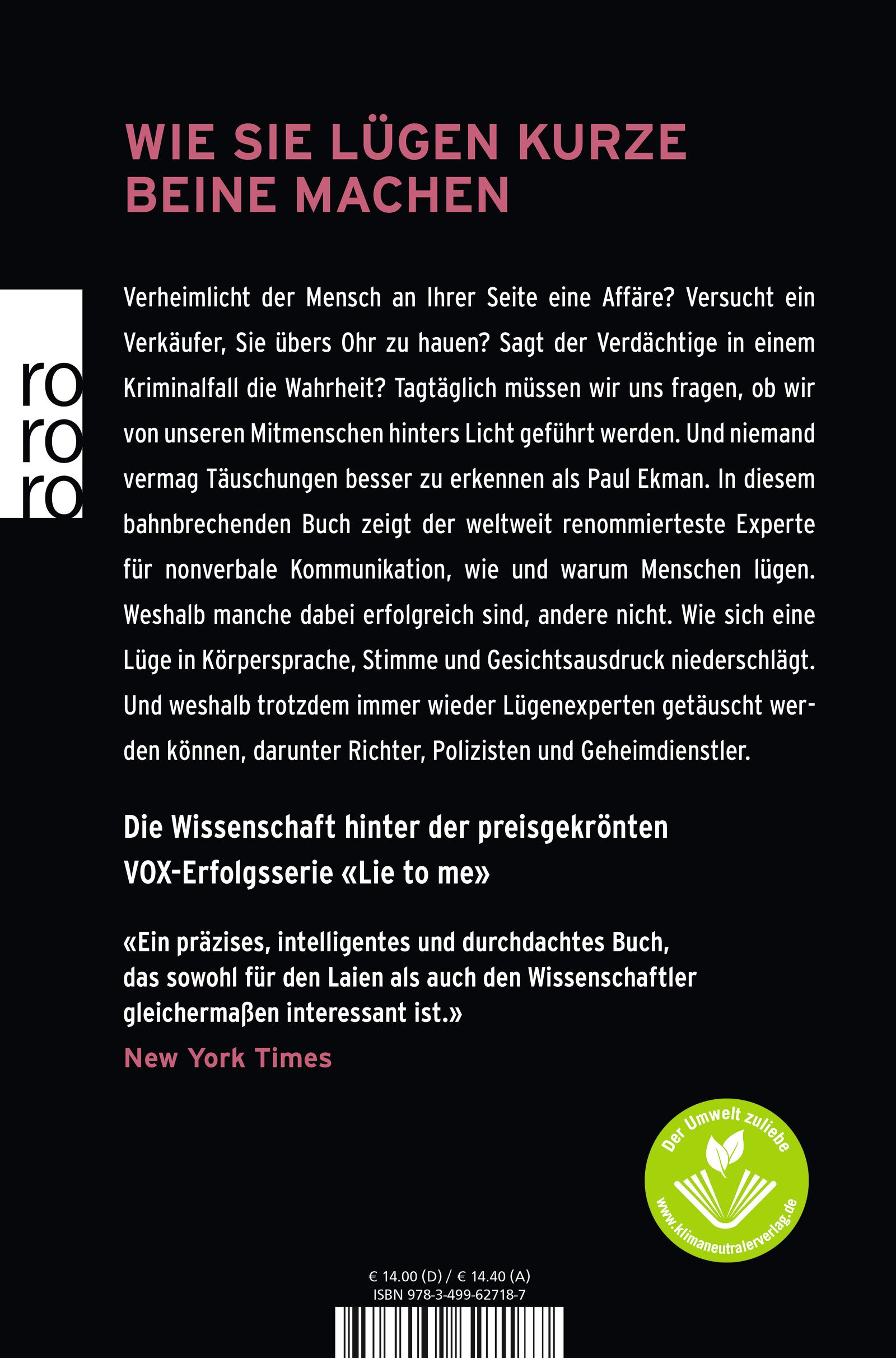 Rückseite: 9783499627187 | Ich weiß, dass du lügst | Was Gesichter verraten | Paul Ekman | Buch