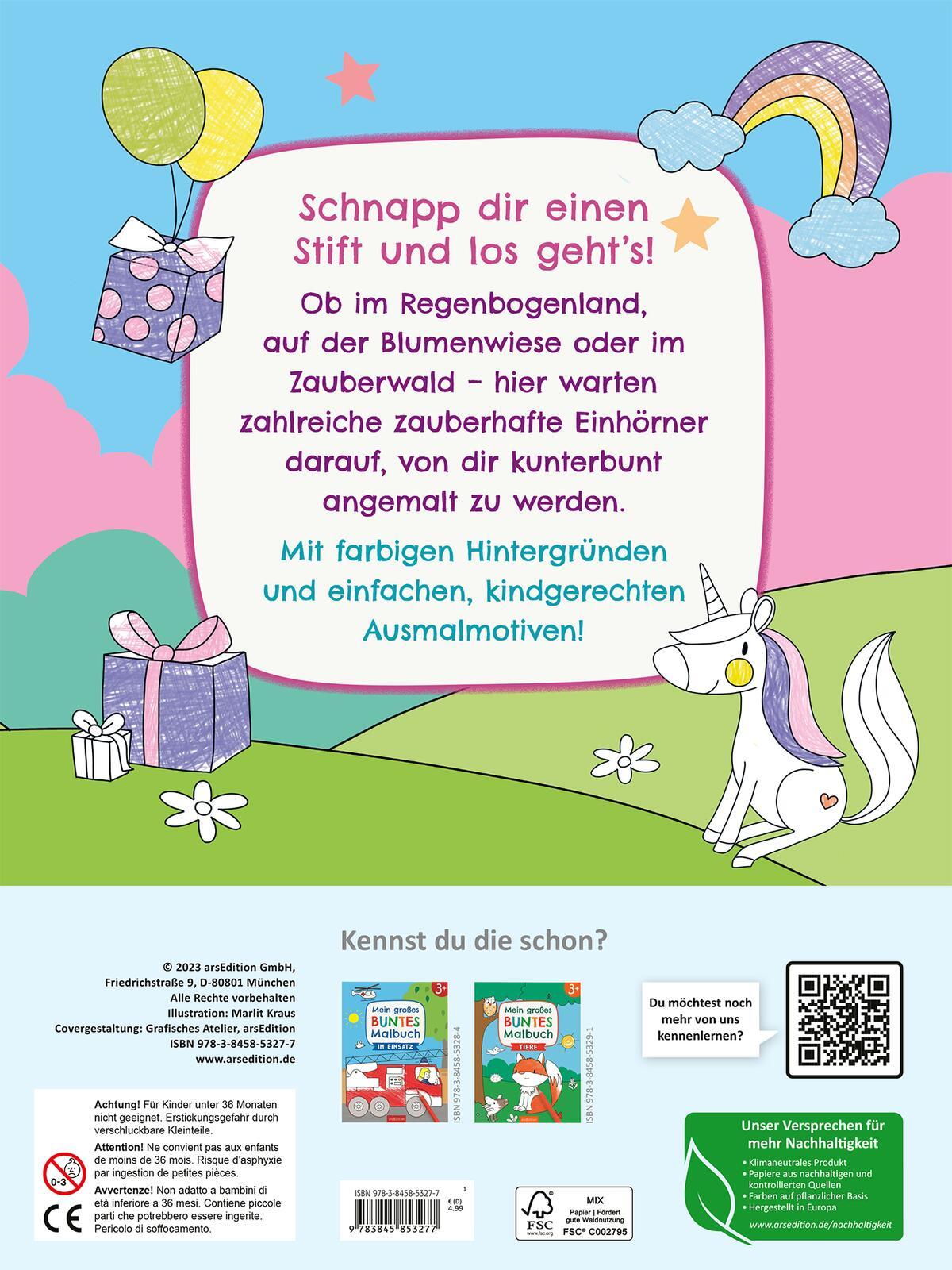 Rückseite: 9783845853277 | Mein großes buntes Malbuch - Einhörner | Ab 3 Jahren | Marlit Kraus