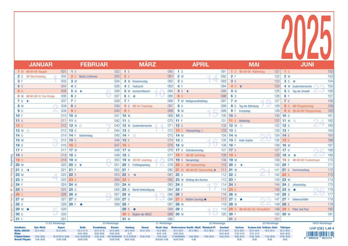 Cover: 4006928025374 | Zettler - Arbeitstagekalender 2025 blau/rot, 29,7x21cm,...