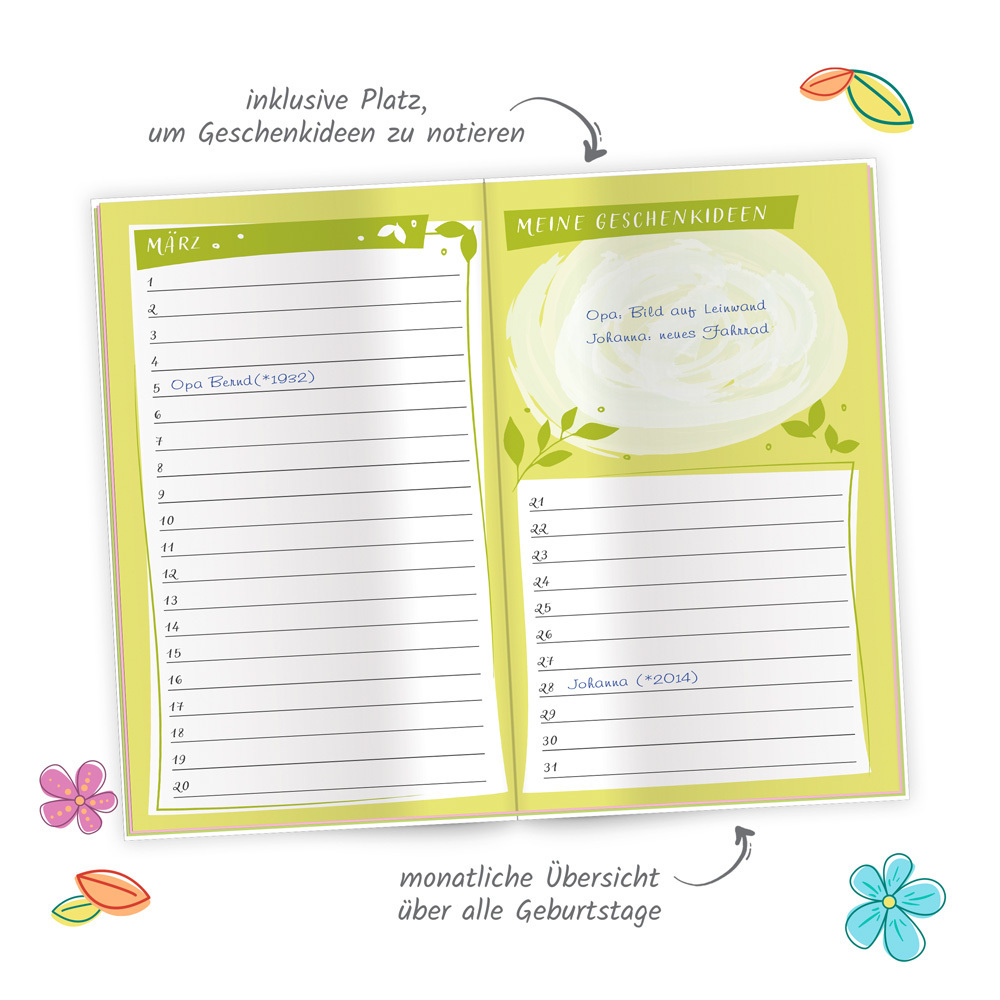 Bild: 9783965528161 | Trötsch Taschenkalender Geburtstagskalender Blumen | Co.KG | Kalender