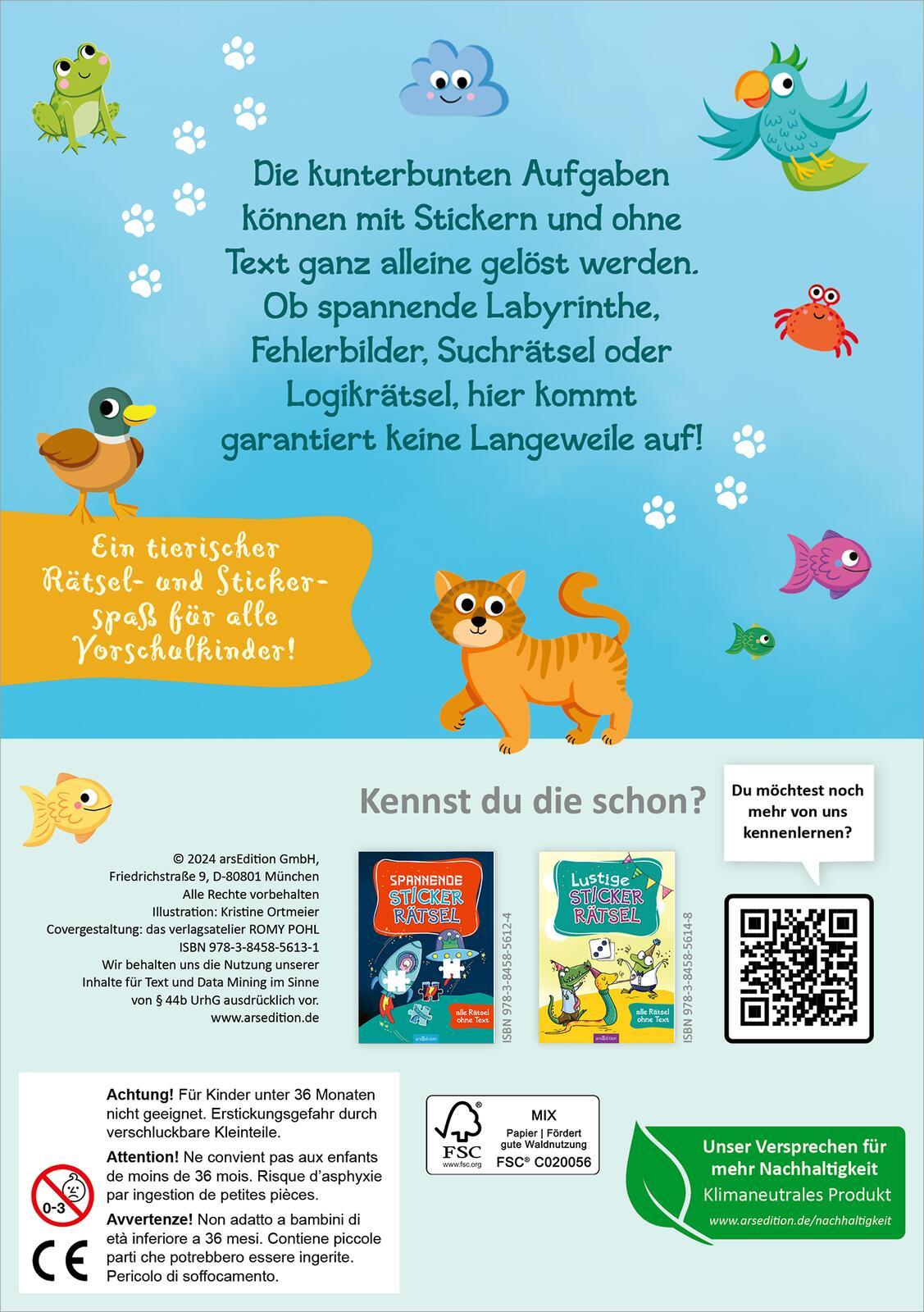 Rückseite: 9783845856131 | Tierische Sticker-Rätsel | Alle Rätsel ohne Text | Kristine Ortmeier