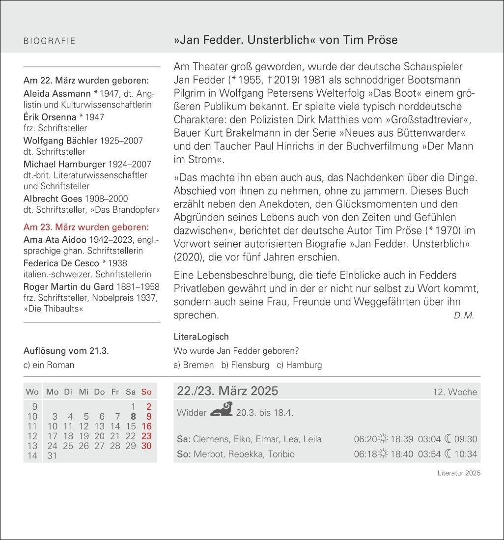 Bild: 9783840033308 | Literatur Tagesabreißkalender 2025 - Kulturkalender - Autoren,...