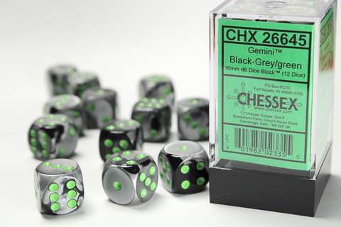 Cover: 601982023355 | Gemini® 16mm d6 Black-Grey/green Dice Block™ (12 dice) | deutsch