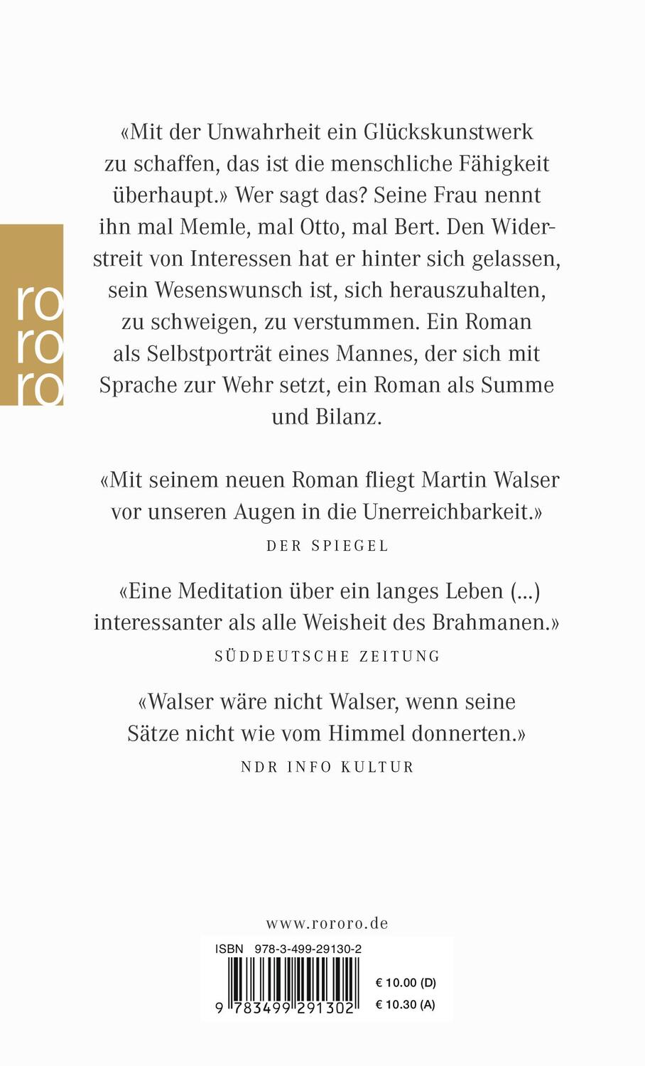 Rückseite: 9783499291302 | Statt etwas oder Der letzte Rank | Roman | Martin Walser | Taschenbuch