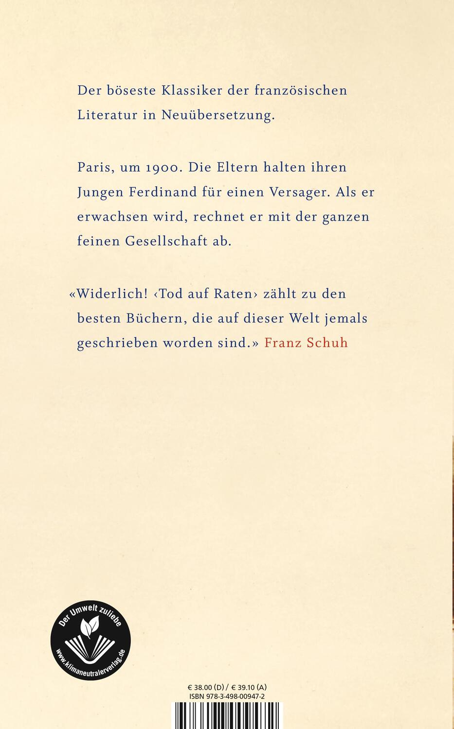 Rückseite: 9783498009472 | Tod auf Raten | Louis-Ferdinand Céline | Buch | 816 S. | Deutsch