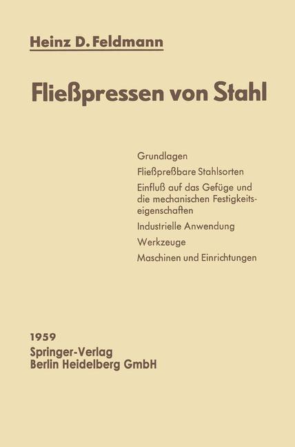 Cover: 9783662236918 | Fließpressen von Stahl | Heinz-Dietrich Feldmann | Taschenbuch | viii