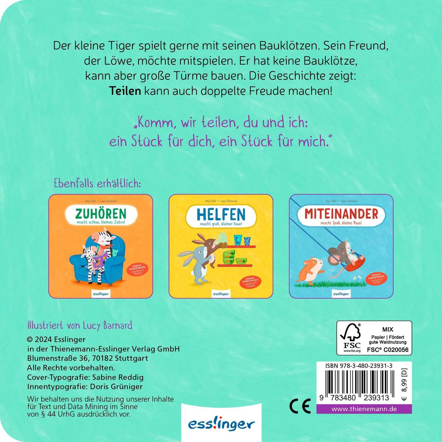 Rückseite: 9783480239313 | Teilen ist schön, kleiner Tiger! | Anja Kiel | Buch | 18 S. | Deutsch