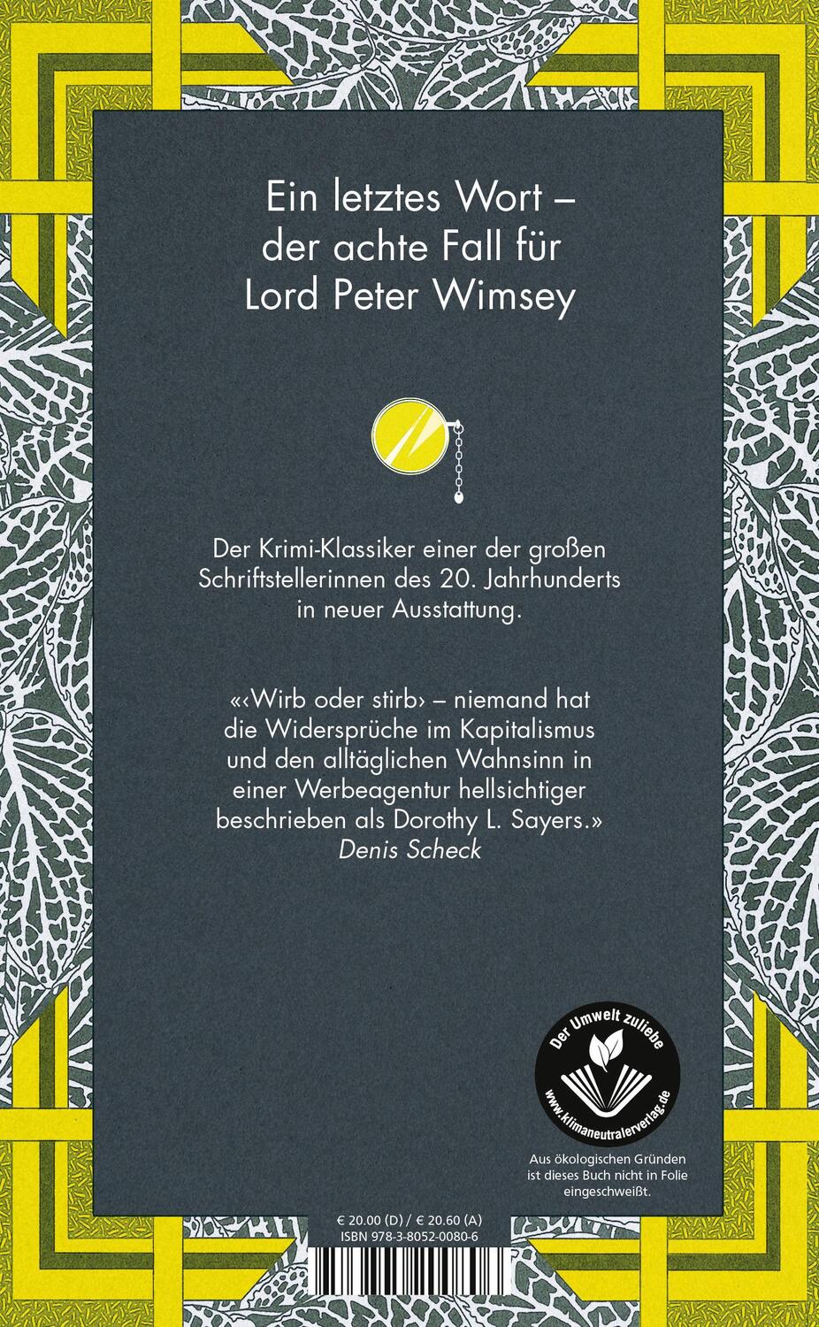 Rückseite: 9783805200806 | Mord braucht Reklame | Ein Fall für Lord Peter Wimsey | Sayers | Buch