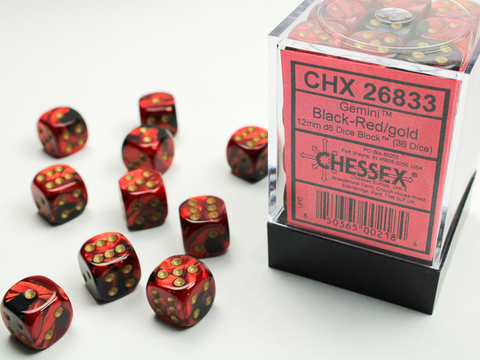 Cover: 850365002184 | Gemini® 12mm d6 Black-Red/gold Dice Block (36 dice) | Chessex