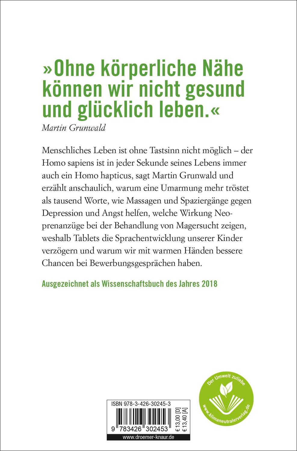 Rückseite: 9783426302453 | Homo hapticus | Warum wir ohne Tastsinn nicht leben können | Grunwald