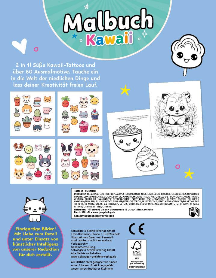 Rückseite: 9783849945626 | Malbuch Kawaii mit 45 Tattoos | Schwager &amp; Steinlein Verlag | Buch