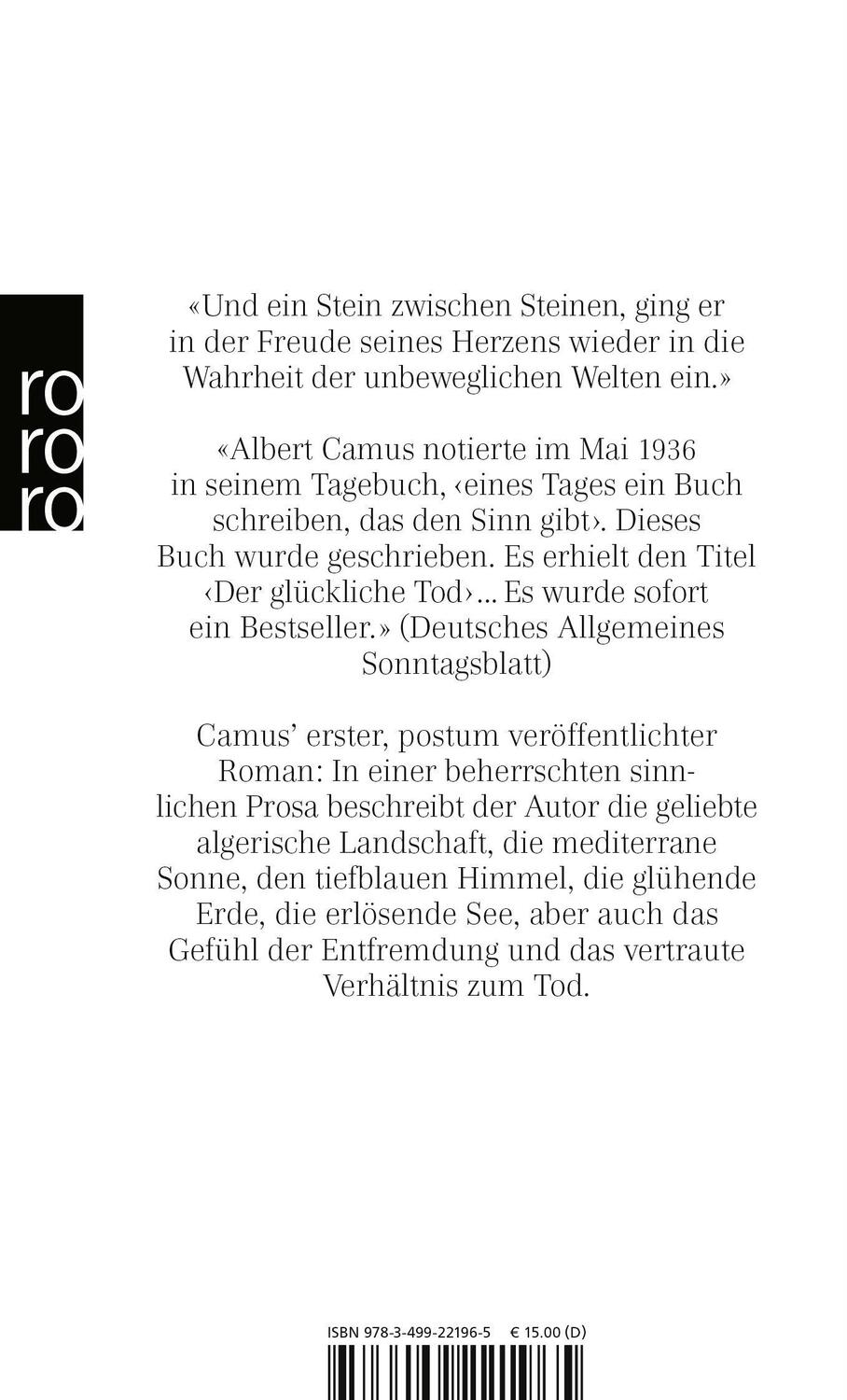 Rückseite: 9783499221965 | Der glückliche Tod | Albert Camus | Taschenbuch | 208 S. | Deutsch